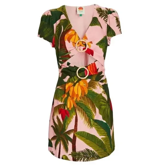 NWT Farm Rio Pink Cocoa Forest Mini Dress Women's Size L Floral Leaf Pink Green - Picture 2 of 11
